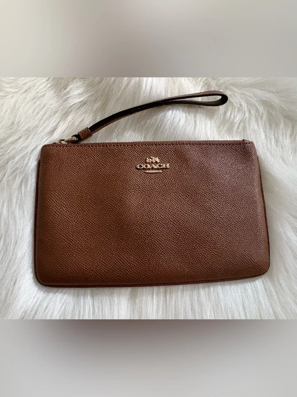 Coach Brown Textured Leather Wristlet with Gold Logo